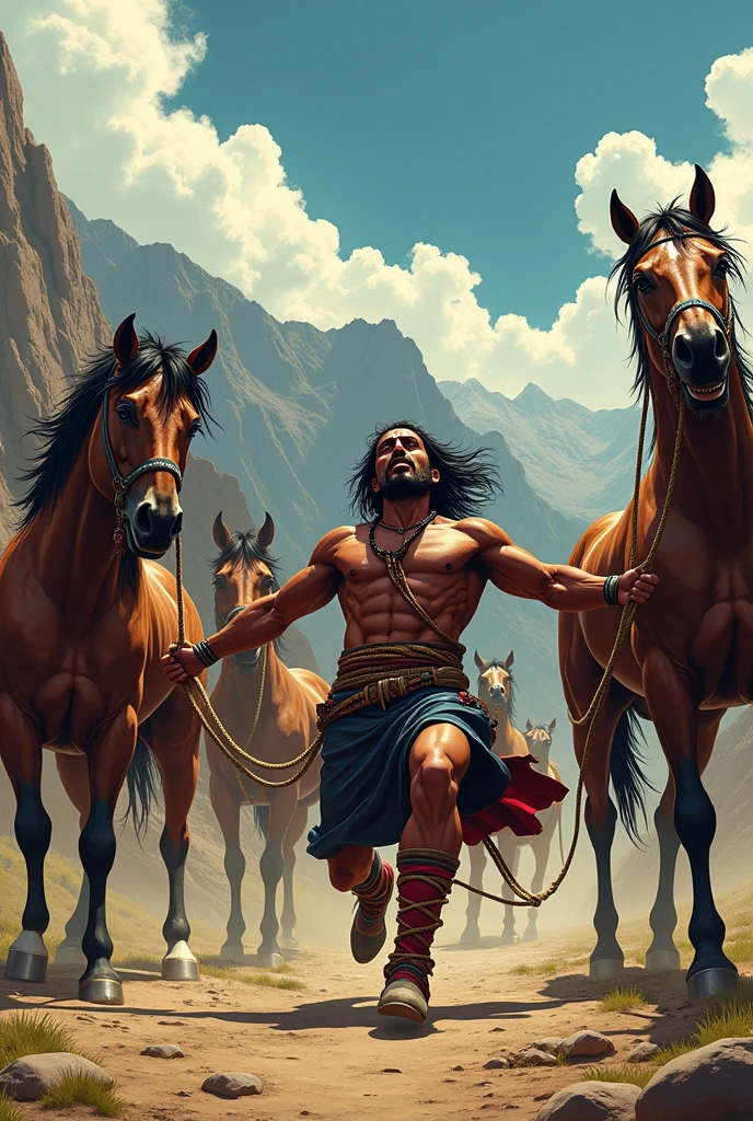 Give me an animated type image where Tupac Amaru the second is being murdered, by the Spanish pulling each member tightly tied with a thick rope to four horses pulling the rope summarizing rijida