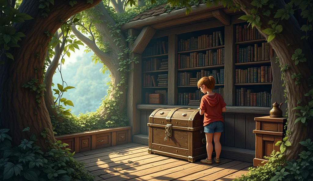 She climbed up cautiously, the wooden steps creaking under her feet. Inside, the treehouse was filled with old books, strange artifacts, and a large, locked chest in the center. Lily's heart raced as she pulled out the key from the package. With a deep breath, she inserted the key into the chest's lock and turned it.