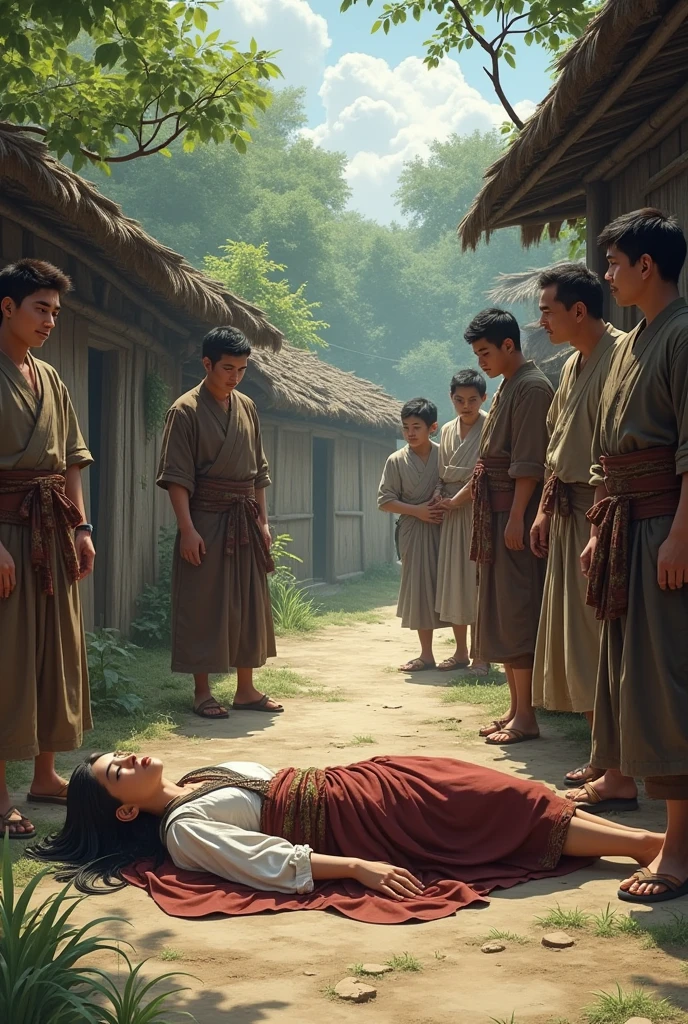 Create an image of a fainted women lying on ground and people are standing on one side..and it should be a village view..
