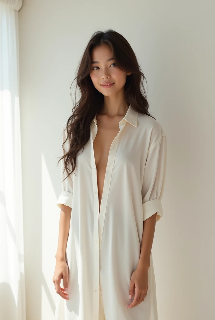 young woman, 21 years , dark brown hair, small chest, thin face, white wall, without decoration, in long white shirt, in front of white curtains, tanned, very tanned, smiling