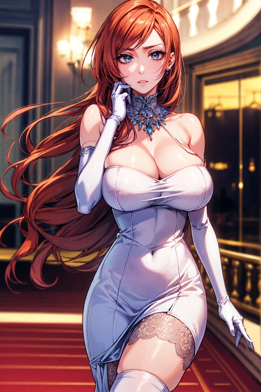 (High resolution) (Detailed illustrations) Very detailed, Blue Eye Color, Fine grain like glass, Detailed face, Asuka Kogawa, Hime Hair, Straight bangs, Long Hair, Redhead, , Teen, visible muscles, An athletic body, Thick arms, Opera Gloves, Long gloves, Thigh-high stockings, Skin indentations in stockings, Indented skin in stockings, Dimpled skin on gloves, tits, Huge breasts, Elegant Dresses, formal dress, Costume, Formal Event, Dancing, Elegant gown, Cleavage, jewelry, Detailed dress, hyper-Detailed dress, Ballroom, Ballroom dress, Cocktail Dresses, Sequins, Shiny Dress,