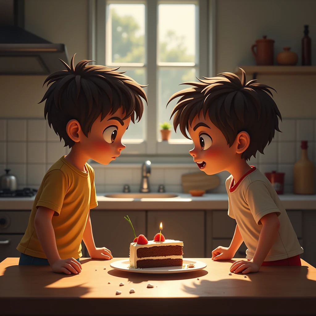Thiago and Léo in an epic brotherly fight to see who gets the last piece of cake.