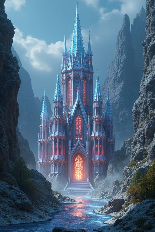 Buildings made of jewels Gothic architecture I want to make it look more like the sparkle of jewels.、There are gems buried in the surrounding rocks too.、Land of the Lustrous、A building made entirely of jewels. The exterior walls should reflect the light and sparkle, and the transparency of the jewels should be more pronounced. The walls of the building are all diamonds, and the rocks look like they are buried in jewels. Show the entrance.