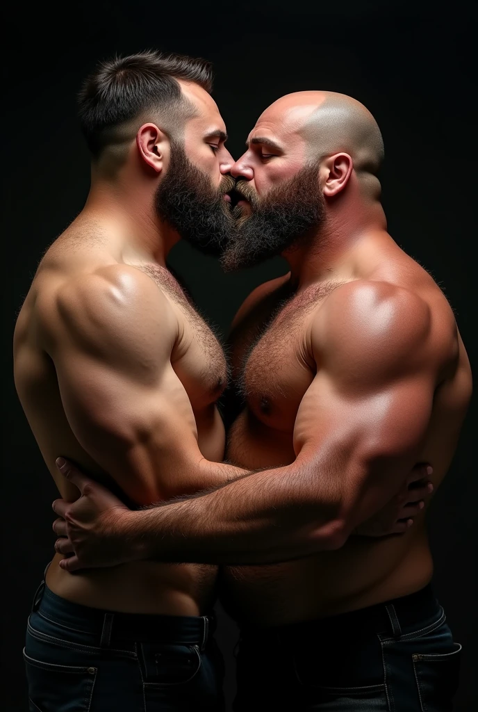 "8KUHD HDR Very Realistic Very Detailed High Quality Create a professional studio-style photograph featuring two 4 men, 8K hdr burly, 8K hdr hairy, 8k hdr beared big chubby daddy bear,  and 8K hdr very realistic detailed rugged man and his husband in boxers. 8K Hdr very realistic beards, 8K very hdr realistic hair, 8K very hdr realistic beards, 8K hdr very realistic thick chubby fat neck, 8K hdr very realistic neck, 8K hdr very realistic neck details, 8K hdr very realistic neck lines, 8K hdr very realistic belly, 8K hdr very realistic chest, 8K hdr very realistic strong chest and arms, 8K hdr very realistic hairy chest and arms, 8K hdr very realistic pecs, 8K hdr very realistic burly body, 8K hdr very realistic nipples, 8K hdr very realistic burly body, 8K hdr very realistic face, 8K hdr very realistic eyes, 8K hdr very realistic nose, 8K hdr very realistic ears, 8K hdr very realistic facial features, 8K hdr very realistic arms, 8K hdr very realistic hands, 8K hdr very realistic wrists, 8K hdr very realistic fingers, 8K hdr very realistic fingernails, 8K hdr very realistic shoulders, 8K hdr very realistic mouth, 8K hdr very realistic skin textures, 8K hdr very realistic textures, 8K hdr very realistic extricate detailing, 8K hdr very realistic lips, 8K hdr very realistic detailed skin, 8K hdr very realistic skin, 8K hdr very realistic heads, 8K hdr very realistic ears, 8K hdr very realistic nose, 8K hdr very realistic facial features, 8K hdr very realistic mens clothing, 8K hdr very realistic detailed mens clothing. 8K HDR A very realistic man and his husband are kissing each other, 8K HDR very realistically kissing each other, in a 8K HDR very realistic romantic and HDR virile scene. 8K HDR Very Realistic Intricately Detailed, 8K HDR Utilize all appropriate lighting techniques for studio photography. 8K HDR The background should be black." No Deformities, 8K HDR "everything is very realistic 8K HDR"