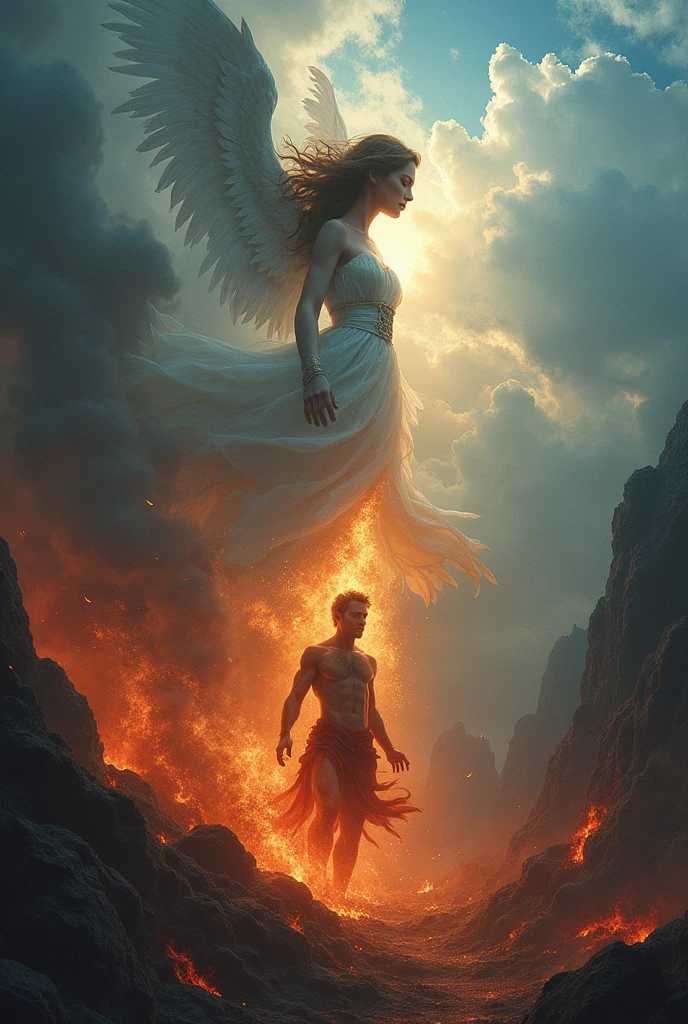 Woman with sky in the background and a man below with hell in the background