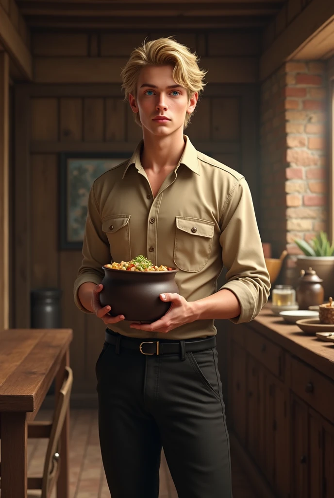 Create an image: a realistic young adult with blonde hair, metallic blue eyes, with beige shirt and black pants with pocket, he is handsome and is in a medieval wooden room holding a pot with food. Add a lot of realism