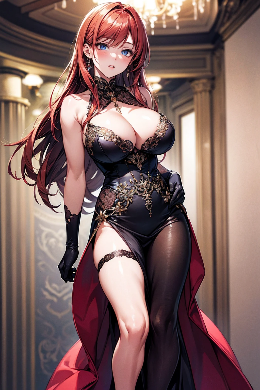(High resolution) (Detailed illustrations) Very detailed, Blue Eye Color, Fine grain like glass, Detailed face, Asuka Kogawa, Hime Hair, Straight bangs, Long Hair, Redhead, Teen, Teenager, visible muscles, An athletic body, Thick arms, Opera Gloves, Long gloves, Thigh-high stockings, Skin indentations in stockings, Indented skin in stockings, Dimpled skin on gloves, tits, Huge breasts, Elegant Dresses, formal dress, Costume, Formal Event, Dancing, Elegant gown, Cleavage, jewelry, Detailed dress, hyper-Detailed dress, Ballroom, Ballroom dress, Cocktail Dresses, Sequins, Shiny Dress,
