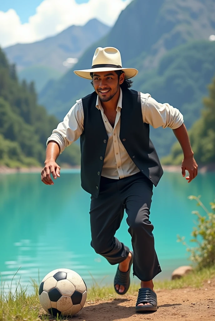 Young Peruvian Andean man with white hat and black ribbon, black vest, White shirt, black pants and black sandals Playing soccer next to the blue lagoon