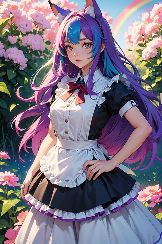 A girl with long hair and rainbow-colored hair is wearing a maid outfit and standing in a flower field with lots of big flowers. Upper body, fox ears.