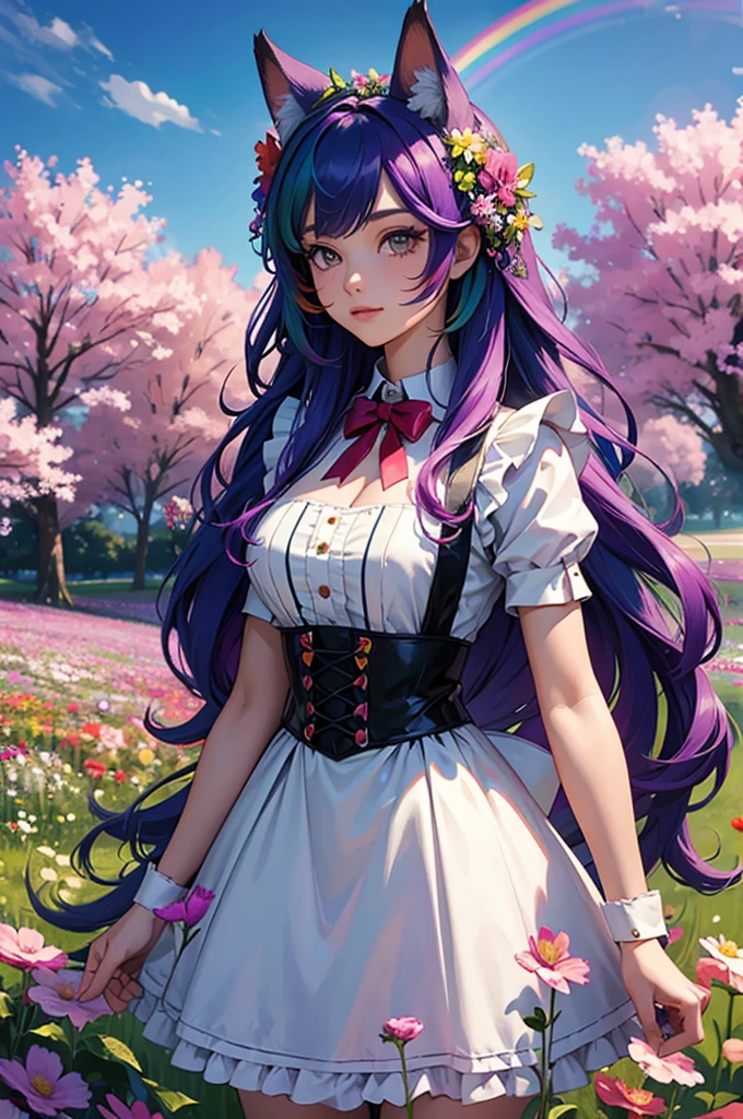 A girl with long hair and rainbow-colored hair is wearing a maid outfit and standing in a flower field with lots of big flowers. Upper body, fox ears.