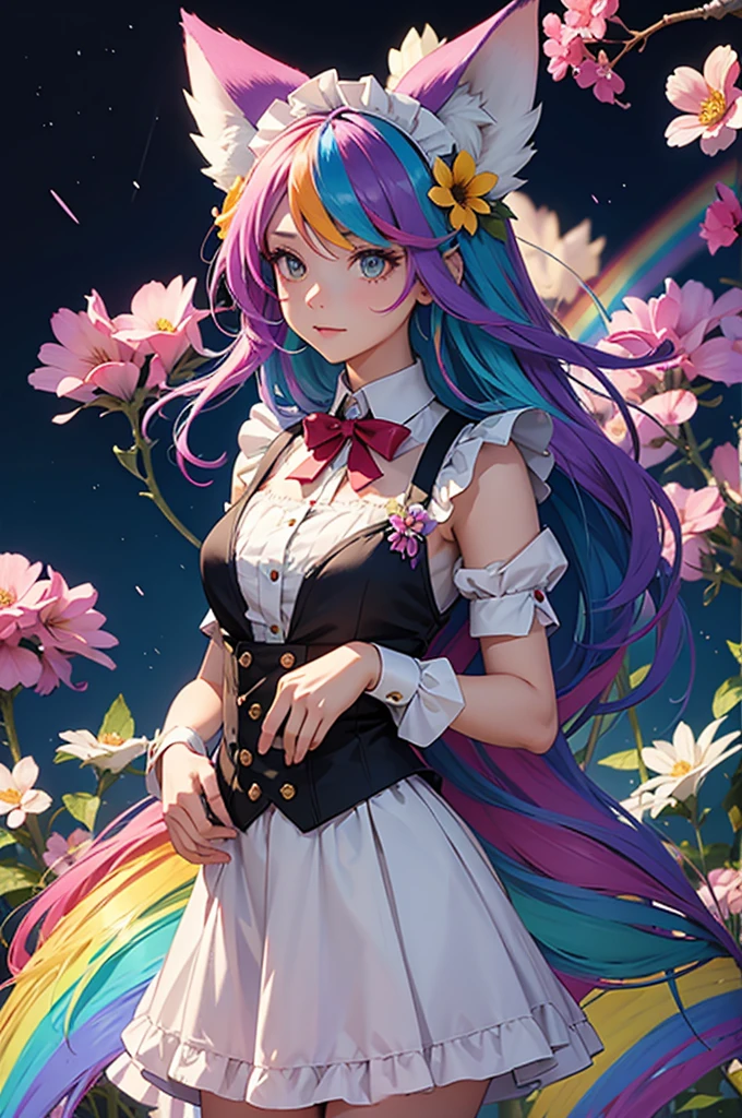 A girl with long hair and rainbow-colored hair is wearing a maid outfit and standing in a flower field with lots of big flowers. Upper body, fox ears.