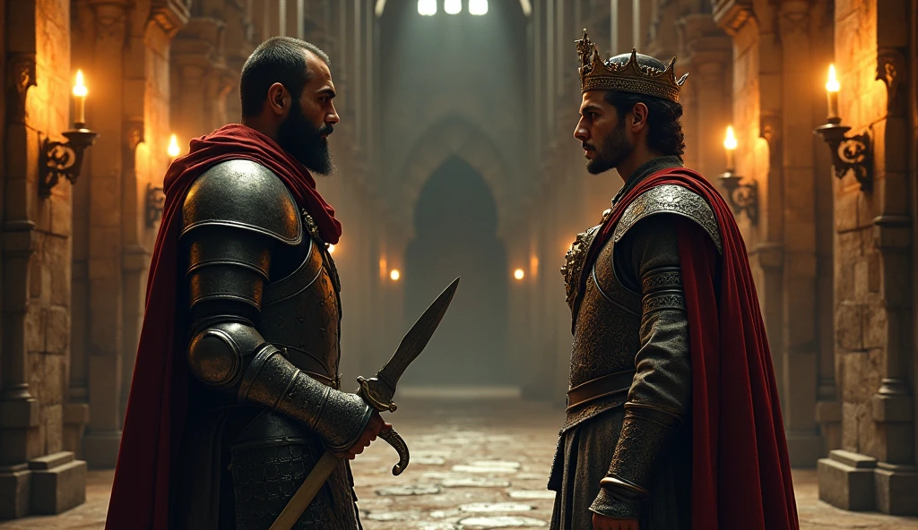 Thariq bin Ziyad, the Islamic warrior with a thin beard, faces King Roderick in a grand, torch-lit hall. Thariq, clad in full iron armor and gripping the hilt of his curved sword, stares intently at the king, who stands in his royal robes and golden crown, looking tense and uncertain. The background is filled with the intricate stone architecture of the medieval palace, with shadows dancing on the walls. The scene is ultra-realistic with a cinematic feel, highlighting the contrast between the two characters