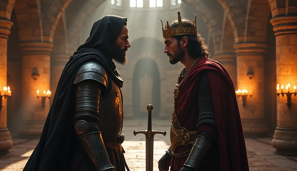 Thariq bin Ziyad, the Islamic warrior with a thin beard, faces King Roderick in a grand, torch-lit hall. Thariq, clad in full iron armor and gripping the hilt of his curved sword, stares intently at the king, who stands in his royal robes and golden crown, looking tense and uncertain. The background is filled with the intricate stone architecture of the medieval palace, with shadows dancing on the walls. The scene is ultra-realistic with a cinematic feel, highlighting the contrast between the two characters