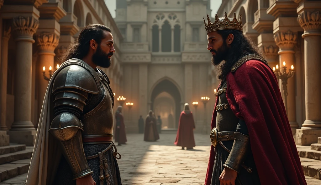 Thariq bin Ziyad, the Islamic warrior with a thin beard, faces King Roderick in a grand, torch-lit hall. Thariq, clad in full iron armor and gripping the hilt of his curved sword, stares intently at the king, who stands in his royal robes and golden crown, looking tense and uncertain. The background is filled with the intricate stone architecture of the medieval palace, with shadows dancing on the walls. The scene is ultra-realistic with a cinematic feel, highlighting the contrast between the two characters