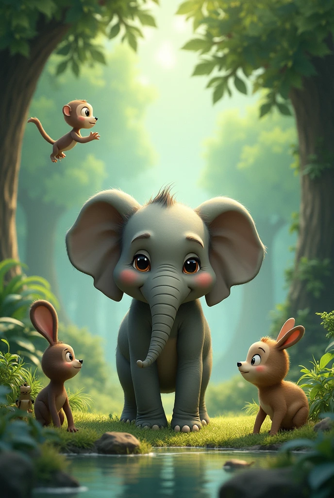 The Elephant Seeking Friends: The elephant approaching various animals like the monkey, rabbit, and frog, each in their respective habitats, looking hopeful but being turned away.
