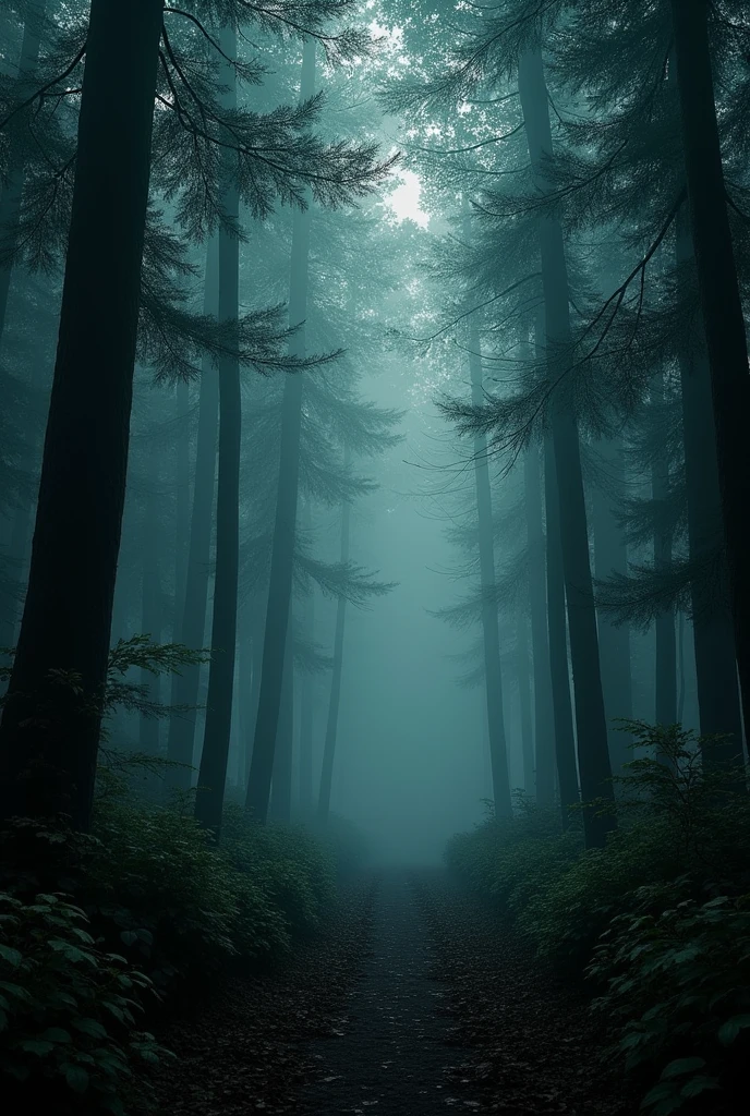 Make a forest with low lighting, dense forest, no roads, only dense forest