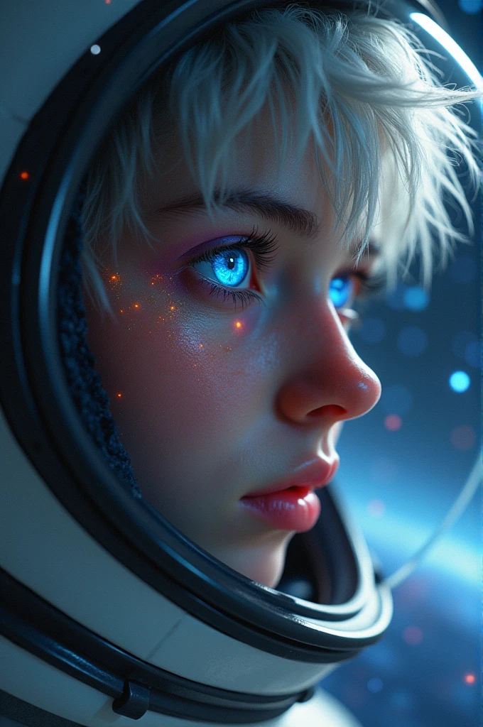 (Close-up of a better masterpiece:1.5)0.9], (Space and astronauts:1.2) (Messy silver hair:1.1) (Heterochromia xanthochromia and blue eyes:1.2) (Space Helmet:1.0) (Colored stars in the eyes:1.0) (A radiant glow:1.1) (thick lips:0.9)