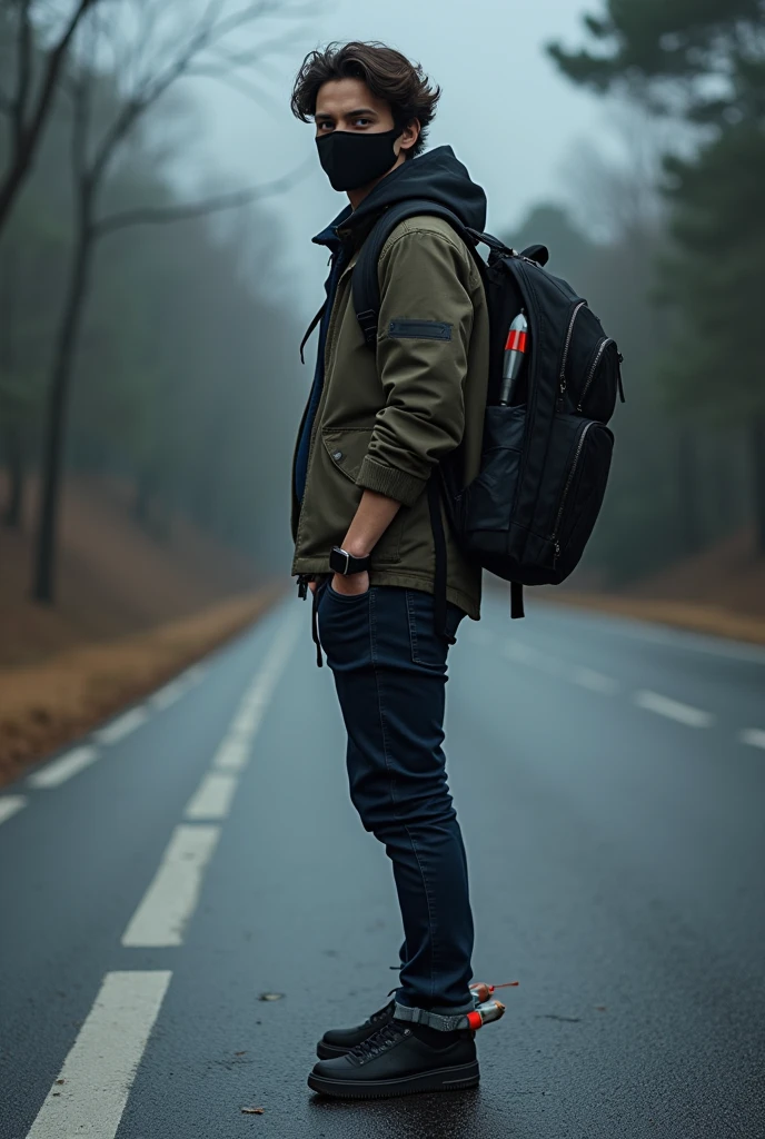 A super hero in normal jacket zeans pent and normla shirt and wearing black mask look stylish wearing a bag on backside and shoes colour white with small rocket for flying standing on roadside and his main power is in his bag 22 year boy with no muscle body eyes are visible but mouth is coverand medium hairstyle bag is normal design wearing smartwatch in left hand in shoes fittinb a small size rocket for flying and weather is dark and his full body less with gadgets but not disturb the beauty