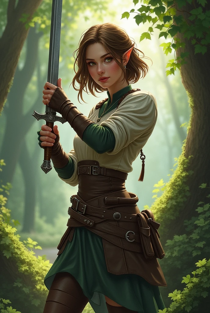 A female half-elf with short brown hair and who uses a sword.