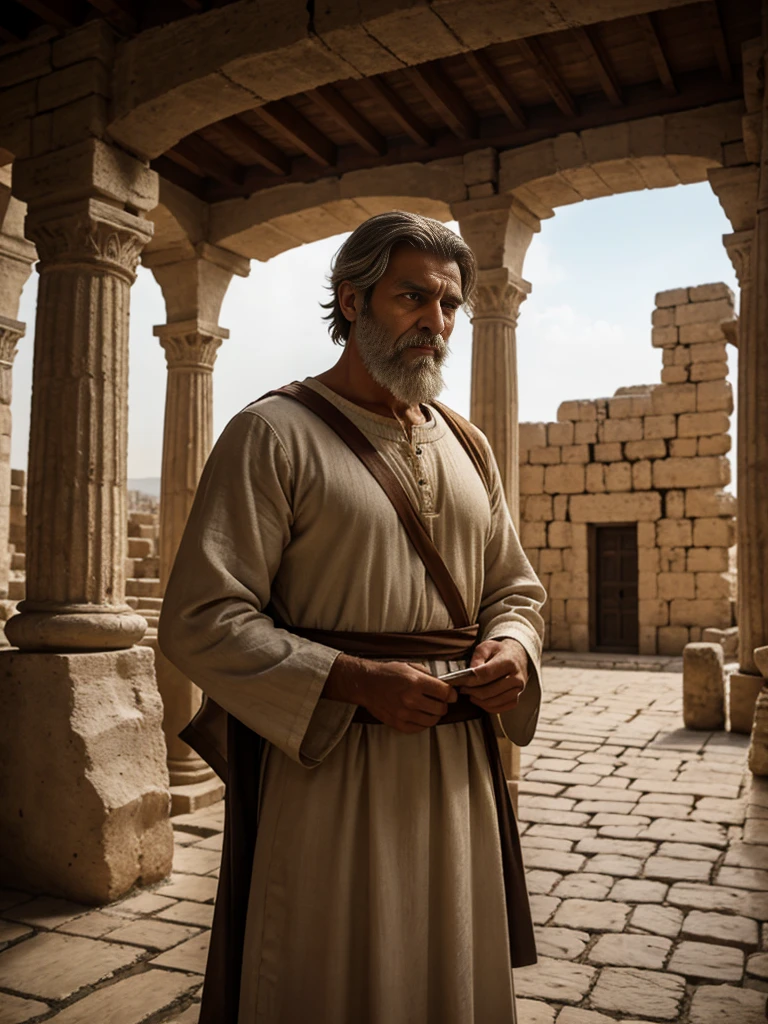 Paul, also known as Saul of Tarsus, in a scene typical of the first century A.D. He is a middle-aged man of medium height, with a robust build, wearing a simple linen tunic worn by time and travel. His face is stern, with a thick white beard and short white hair, reflecting the wisdom and hardships he has endured. His eyes are intense, with a determined and deep gaze, revealing the passion of someone who has been profoundly transformed by his spiritual journey. His face is softly lit. In the background is a barren landscape of cobblestone streets and ancient stone buildings, in a city like Damascus or Antioch, amid the bustling backdrop of the Greco-Roman world. He holds tightly a roll of parchment, representing the letters and writings he would leave as his legacy. The atmosphere around him is serious, almost contemplative, capturing the weight of his mission and the intensity of his newfound faith.