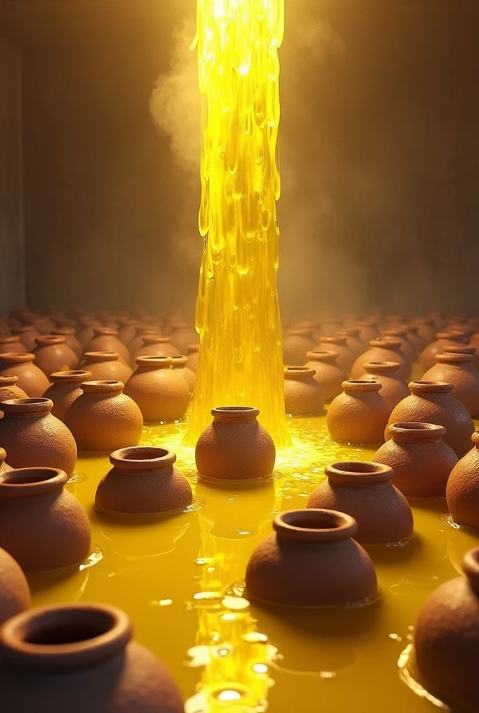 Realistic image of many clay jars being miraculously filled with olive oil that overflows