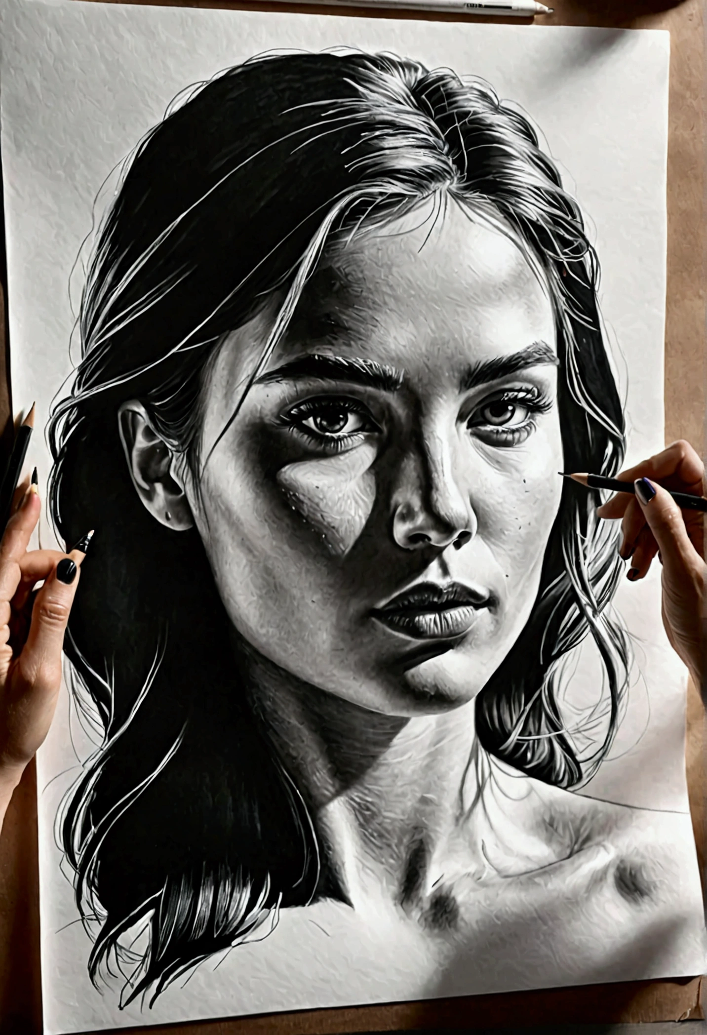 See hand black IS drawing on a paper a portait of woman face with short hyper Realistfinish ,in black and with on a paper white A3; the drawing IS on a desktop black with light of desktop.