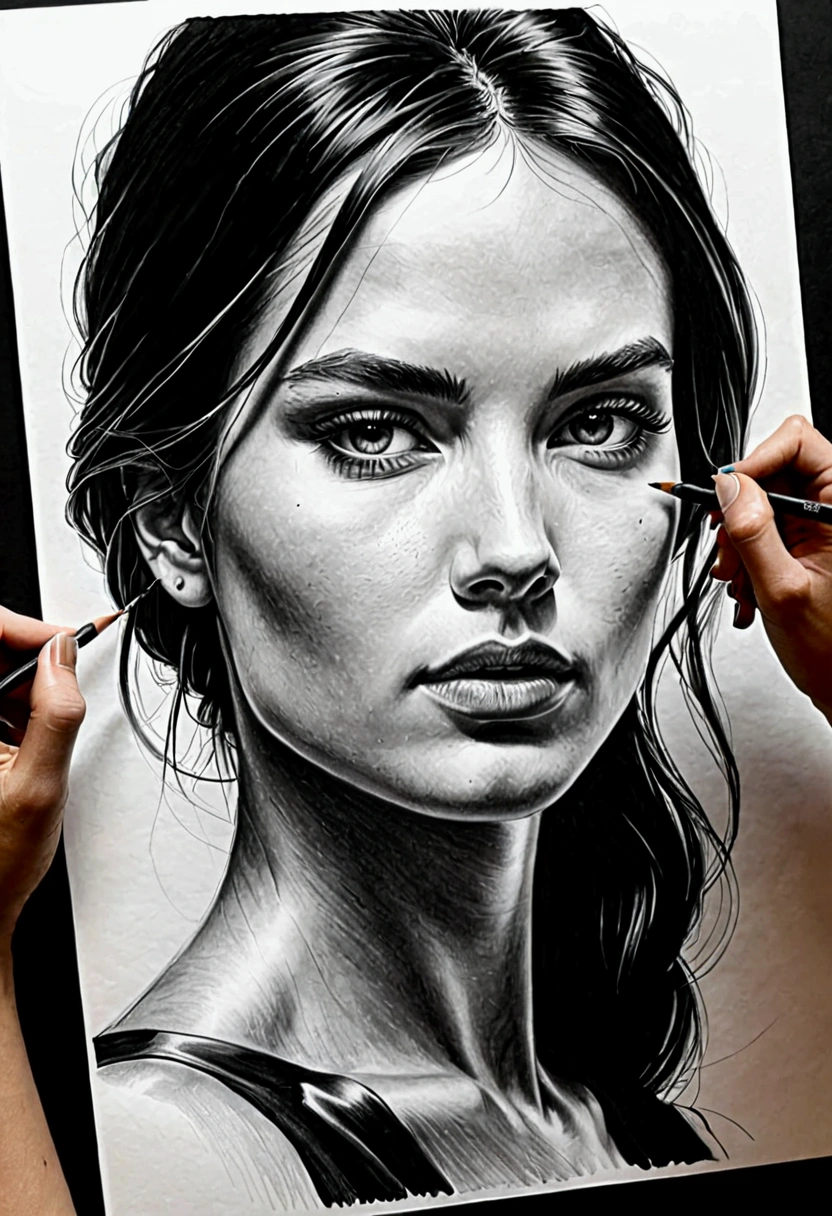 See hand black  IS drawing on a paper a portait of woman face with short hyper Realistfinish ,in black and with on a paper white A3; the drawing IS on a desktop black with light of desktop.