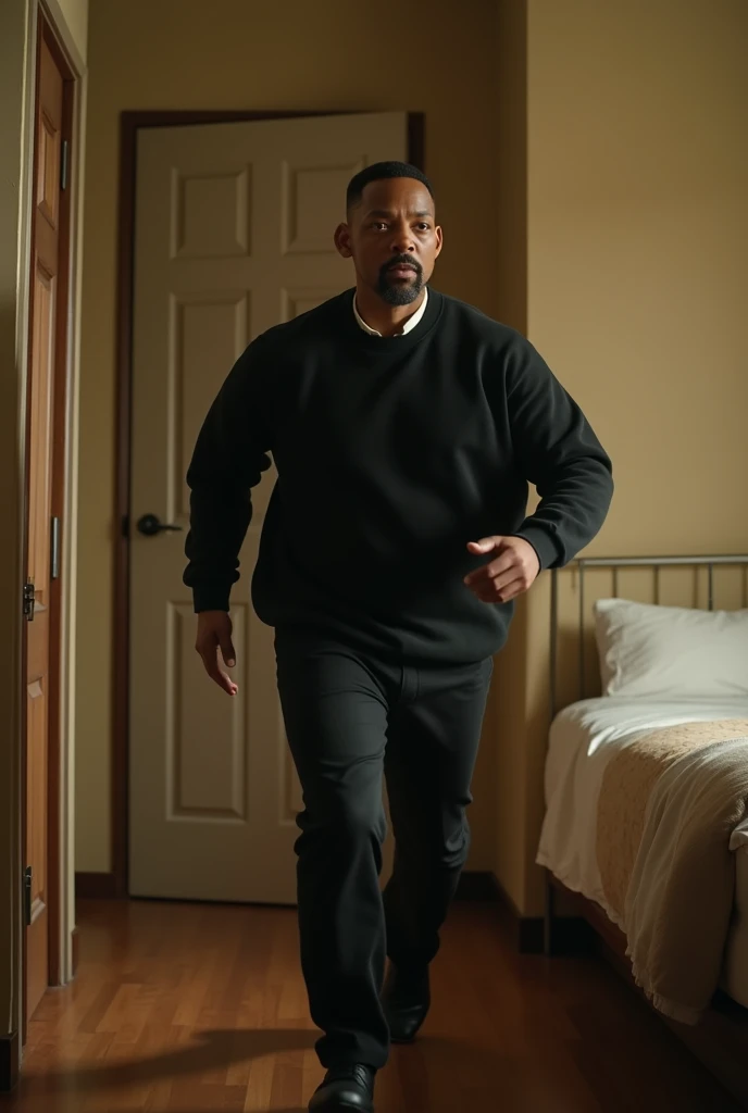 will smith, in a room, american shot, a door in the background, cinematic light, running, (room whit a bed on the right and closet on left:1.5)