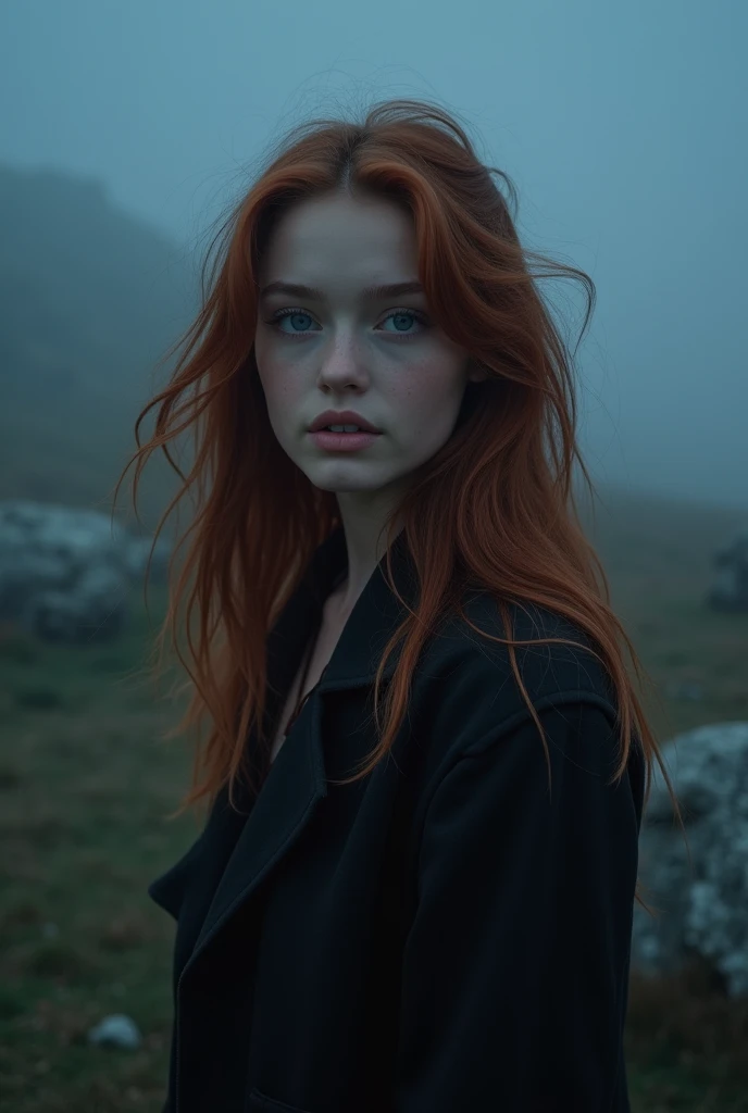 (Mackenzie Foy adolescente, russet hair, On open legs:1.5) (long messy hair:1.3), blue colored eyes, detailedeyes, detailed lips, (girl no, sensuous, whole body:1.5), (stunning locations at night with fog and mist, neve:1,3), night photo, (photo from several different angles:1.5), small neckline, ray tracing,(best qualityer,4K,8k,high resolution,work of art:1.2),ultra detali, (realisitic,photorealisitic,photo-realisitic:1.37), HDR, ultra HD, work of art, proffesional, bright coloured, bokeh, studio lighting,NSFW