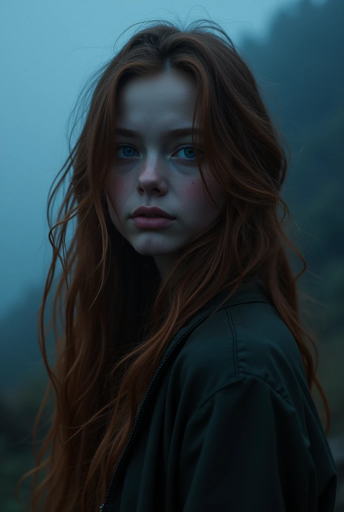 (Mackenzie Foy adolescente, russet hair, On open legs:1.5) (long messy hair:1.3), blue colored eyes, detailedeyes, detailed lips, (girl no, sensuous, whole body:1.5), (stunning locations at night with fog and mist, neve:1,3), night photo, (photo from several different angles:1.5), small neckline, ray tracing,(best qualityer,4K,8k,high resolution,work of art:1.2),ultra detali, (realisitic,photorealisitic,photo-realisitic:1.37), HDR, ultra HD, work of art, proffesional, bright coloured, bokeh, studio lighting,NSFW