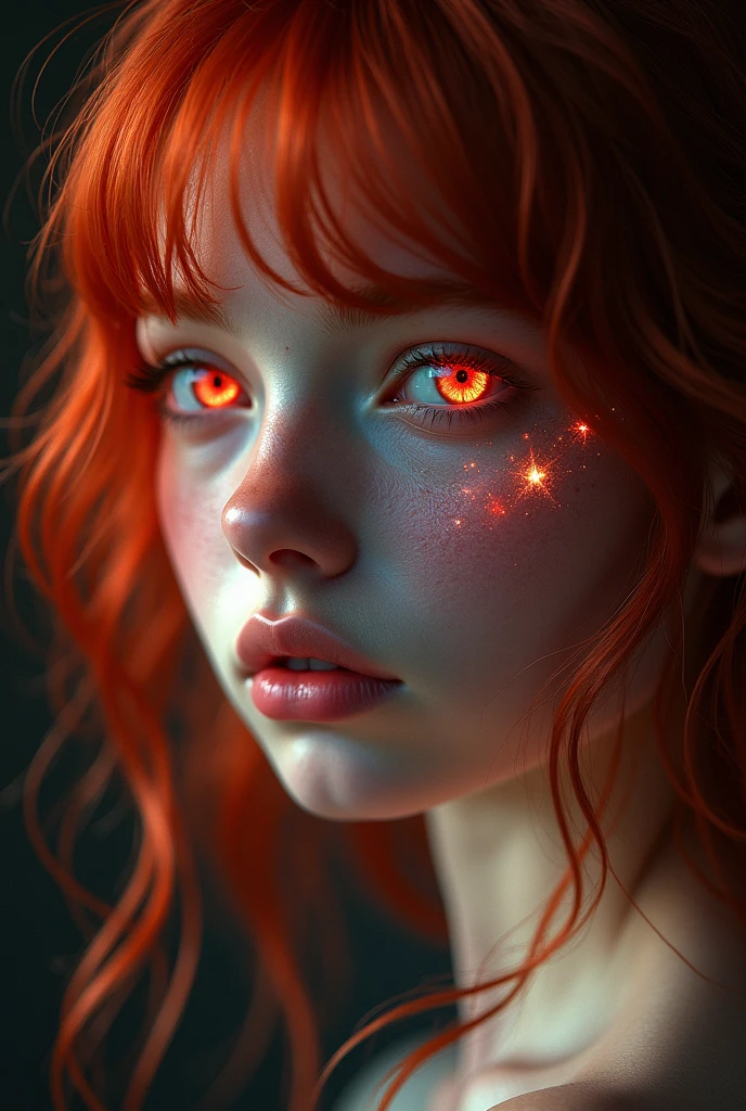 1girl, star eye, blush, perfect illumination, red hair, red eyes, unreal engine, sidelighting, detailed face, bangs, bright skin, simple background, dark background