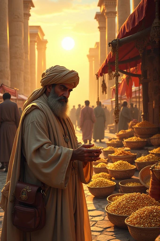 An Iranian peddler who sells gold in Persepolis at sunset.