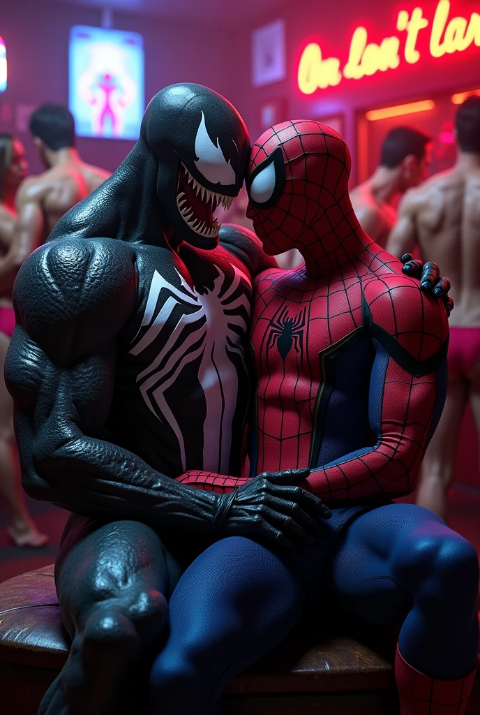 Muscular Spider-Man and Venom drinking beer in a gay men's bar where everyone wears only underwear. Venom with his mouth shut, Spider-Man on Venom's lap, Venom kissing Spiderman
