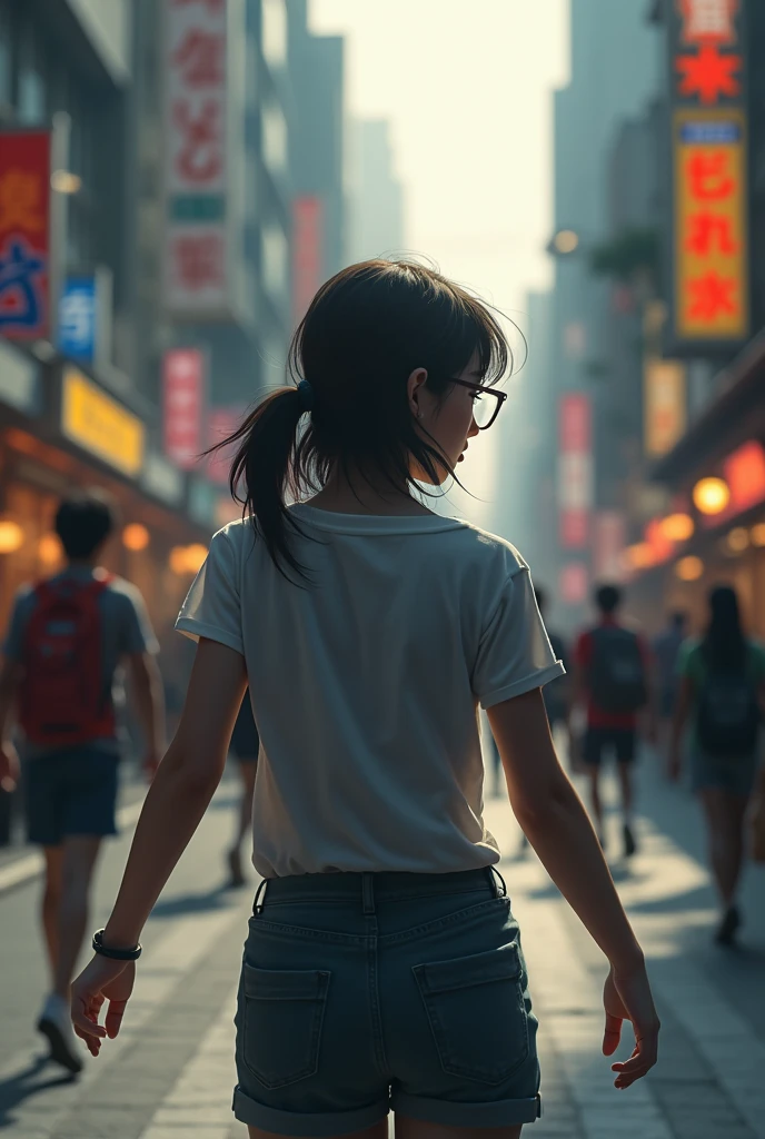 A girl with glasses and shoulder-length hair stumbling on the street with her back turned