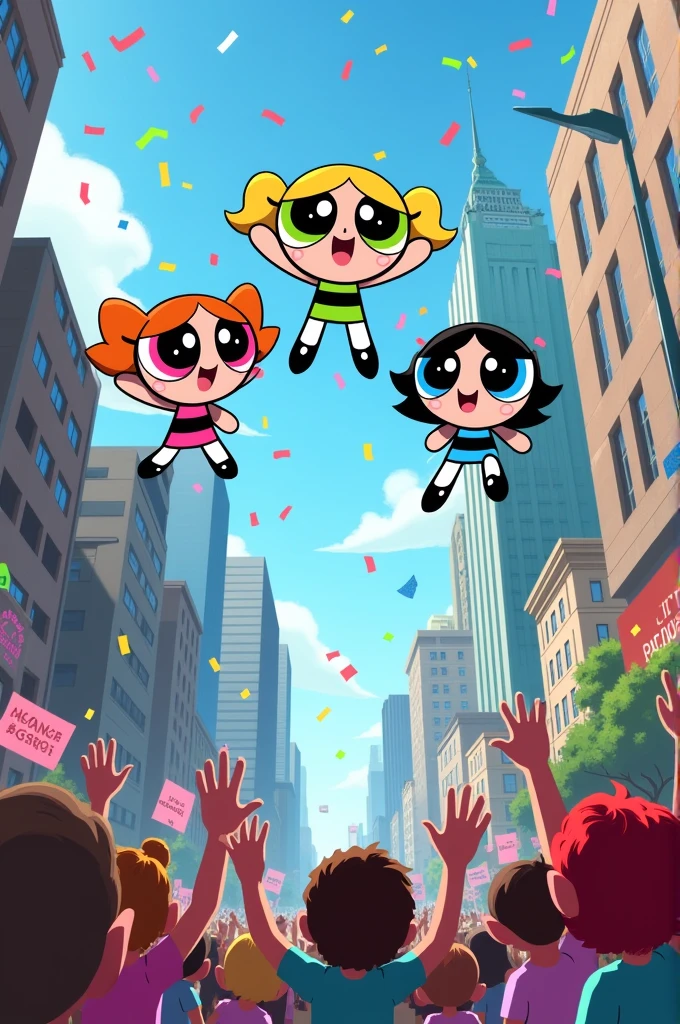 The Powerpuff Girls gather in the city center celebrating their victory.Townsville is safe once again
