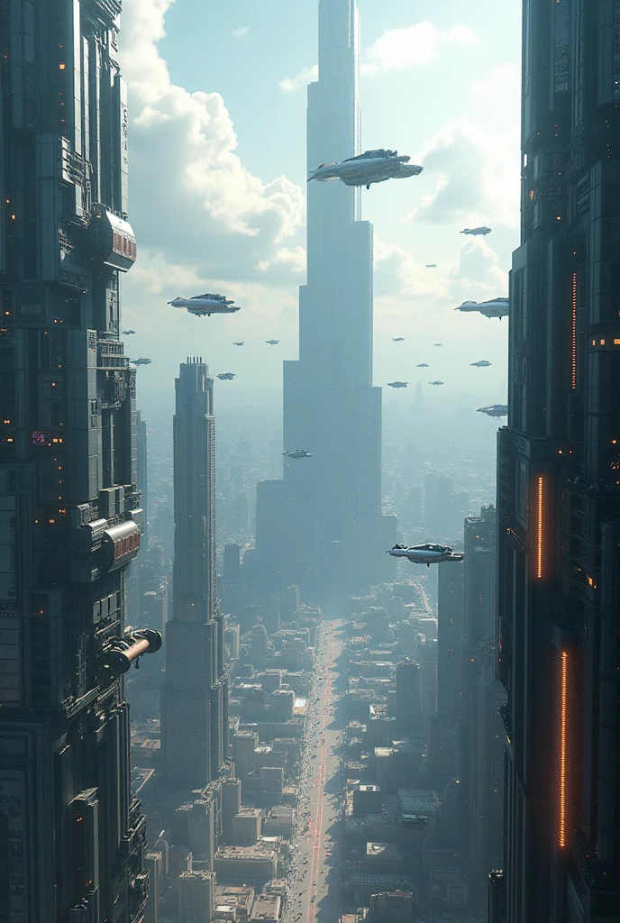 A huge cyborg city and flying cars