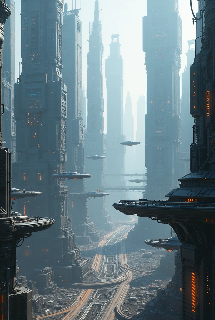 A huge cyborg city and flying cars
