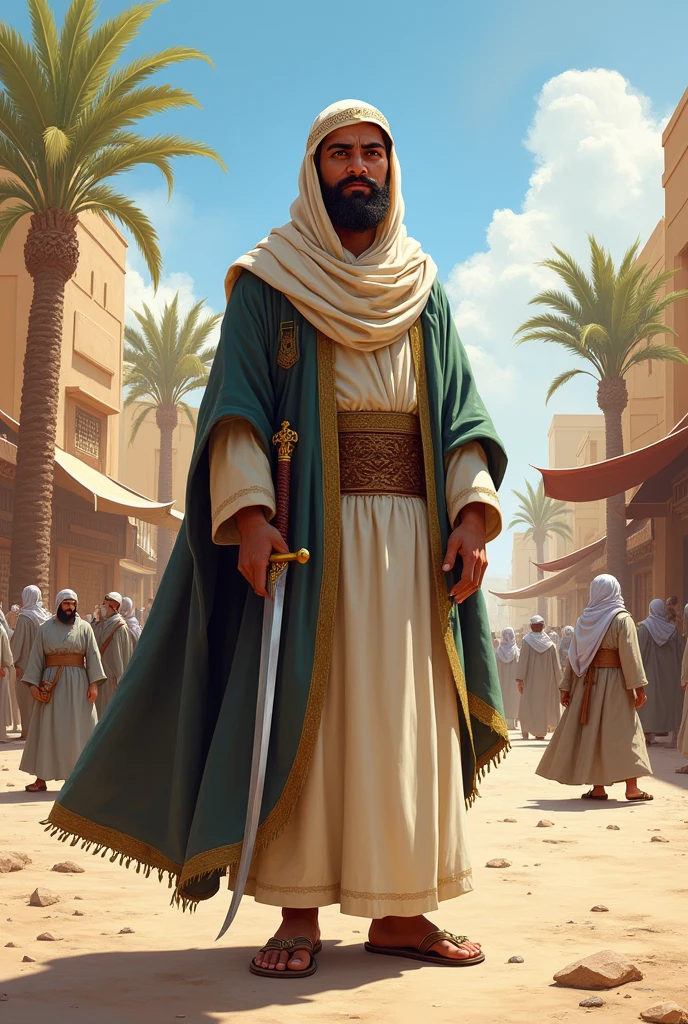 (Visual: Illustration of Umar bin Khattab standing in simple clothes, holding sword at side, with the busy city of Medina in the background)
