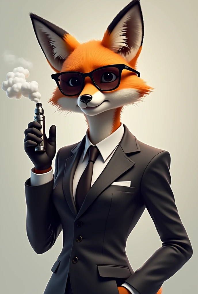 Generates a fox in a smart suit and sunglasses smoking a vape in style and blowing smoke out of his mouth