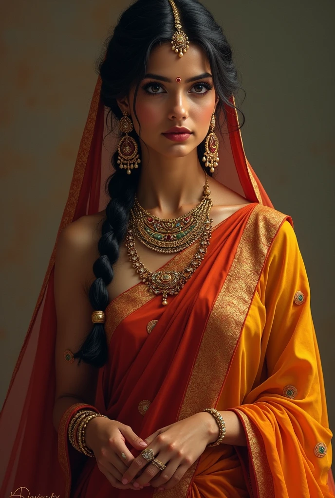 south indian woman in traditional jewelry wearing saree bare-chested without blouse