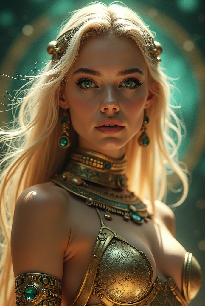 (RAW Photos, Highest quality), (Hyper Realistic),16K,(Realistic, photo-Realistic:1.5), masterpiece,超High resolution, amazing, Beautiful blonde woman multiverse goddess, Hall々A pose, An athletic body,  Wearing Egyptian Jewels Futuristic Cut Armor and Cloak with Intricate Isoscale Fluid Galaxy Bioluminescence Effects, Symmetric, The galaxy orbiting her body, Face in perfect detail, Detailed symmetrical circular green iris pupil, ((Gorgeous long blonde flowing hair)), Skin with attention to detail, Realistic, Exquisitely crafted, Cinematic, Isoscale, Amazing full color, Grainy, a lot, Klimt, 16K, High resolution, Cinematic, Neoprene, Behance Contest Winner, Portrait featured on Unsplash, Smooth, 超High resolution, Super sharp focus, 精巧な芸術作品のmasterpiece, Unlucky, amazing, Tanvir Tamim, Trending on Art Station, Very detailed, Vibrant