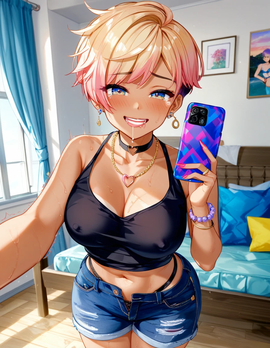 (Highest quality, 4K, 8k, High Resolution masterpiece:1.2), Very detailed, Picturesque, Anime-style photos, Photo Animation:1.37)、a beautiful girl、(Brunette Hair)、(pixie cut)、gyaru、tan、in the room、Female masturbation、sex toy、vibrator、small adult toy touch nipple、Ecstasy face、trembling、Sweat、Drooling、crying、vapor、Black choker、pierce、necklace、bracelet、selfie