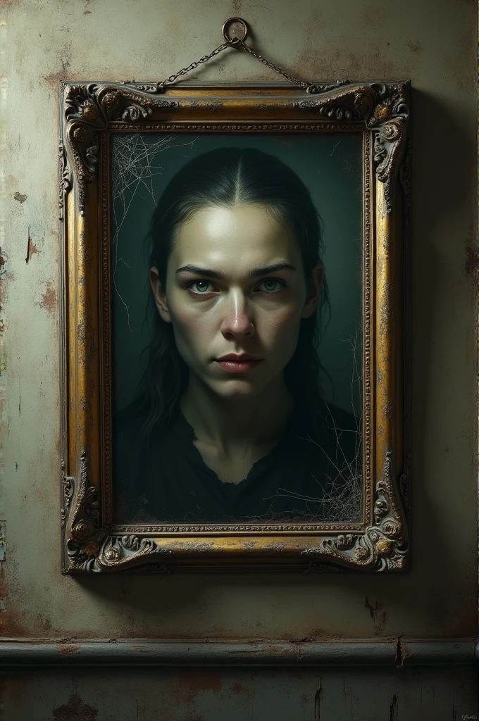 Prompt: "A dusty old portrait hanging crookedly on the wall inside the haunted house. The portrait features a stern-looking man or woman from a bygone era, their eyes seeming to follow anyone who dares to look at it. The frame is tarnished, and cobwebs hang from its corners, giving it an eerie, cursed appearance."