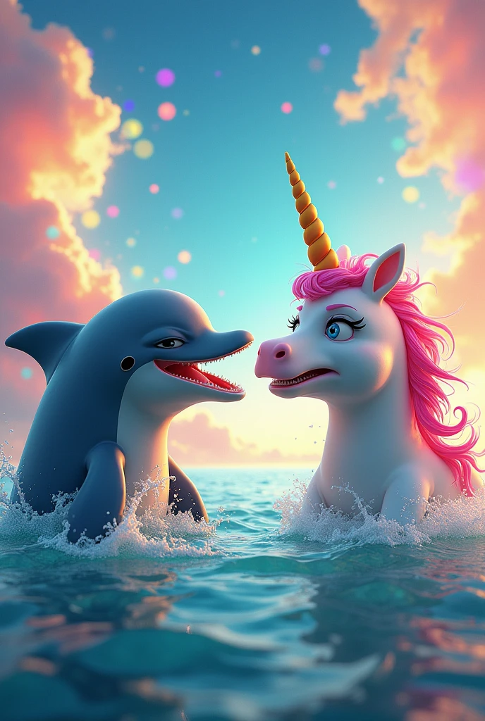 An image of a dolphin with a disgusted face ,a unicorn with a disgusted face, out in the sea with lots of colors and rainbows and flying with lots of colors, realist