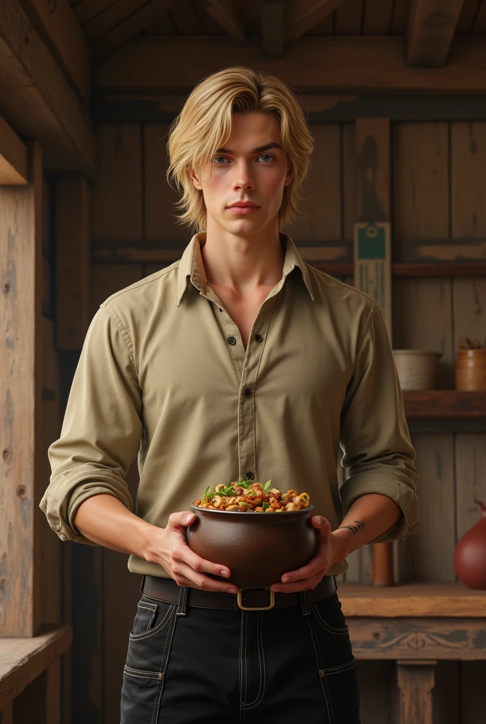 Create an image: a realistic young adult with blonde hair, metallic blue eyes, with beige shirt and black pants with pocket, he is handsome and is in a medieval wooden room holding a pot with food. Add a lot of realism