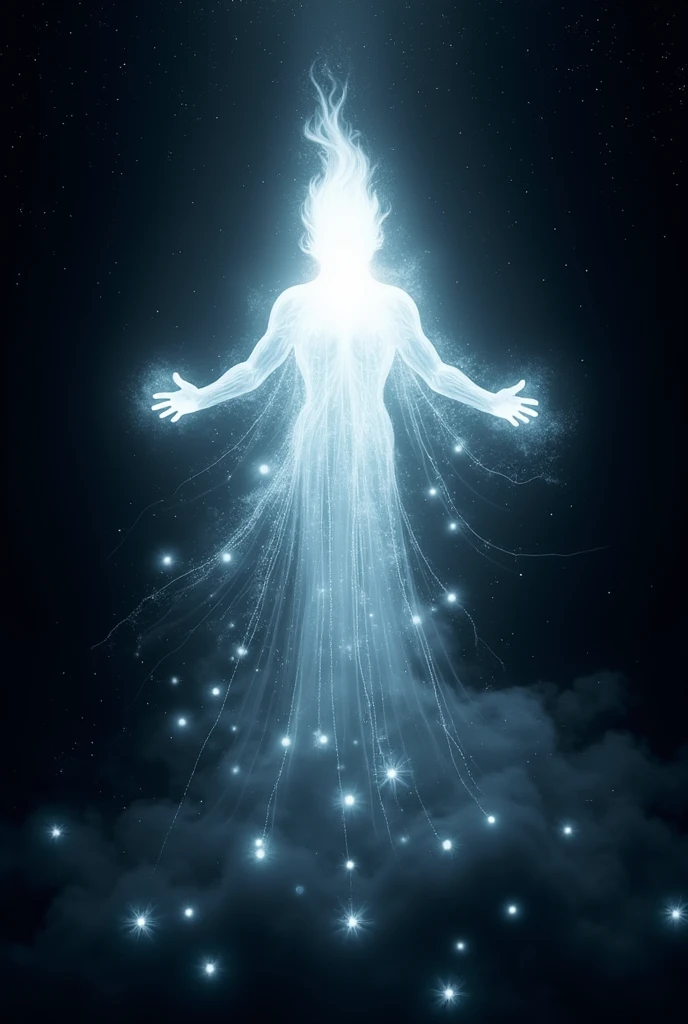 The unit On a black background with stars a bright light in the center like a flame of white Fire symbolizing our creator in the form of a spirit Infinite balls of lights around symbolizing the spirits all united by white threads in the center