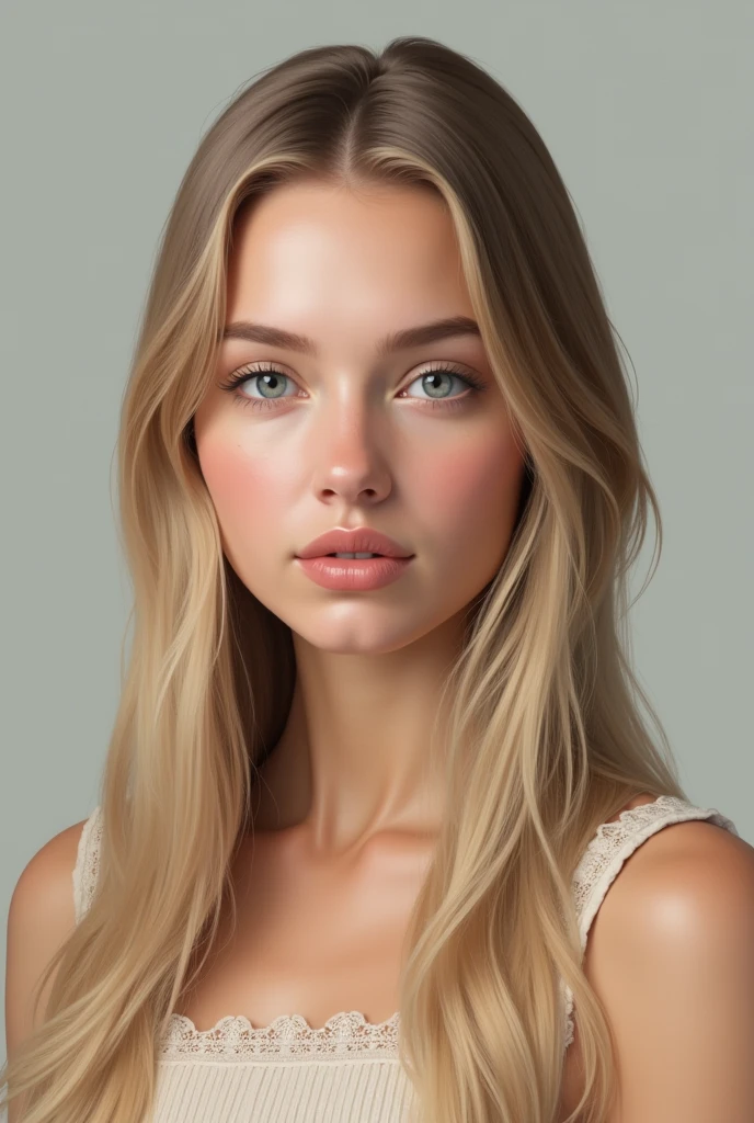 20 year old blonde woman, realistic, long straight flat hair