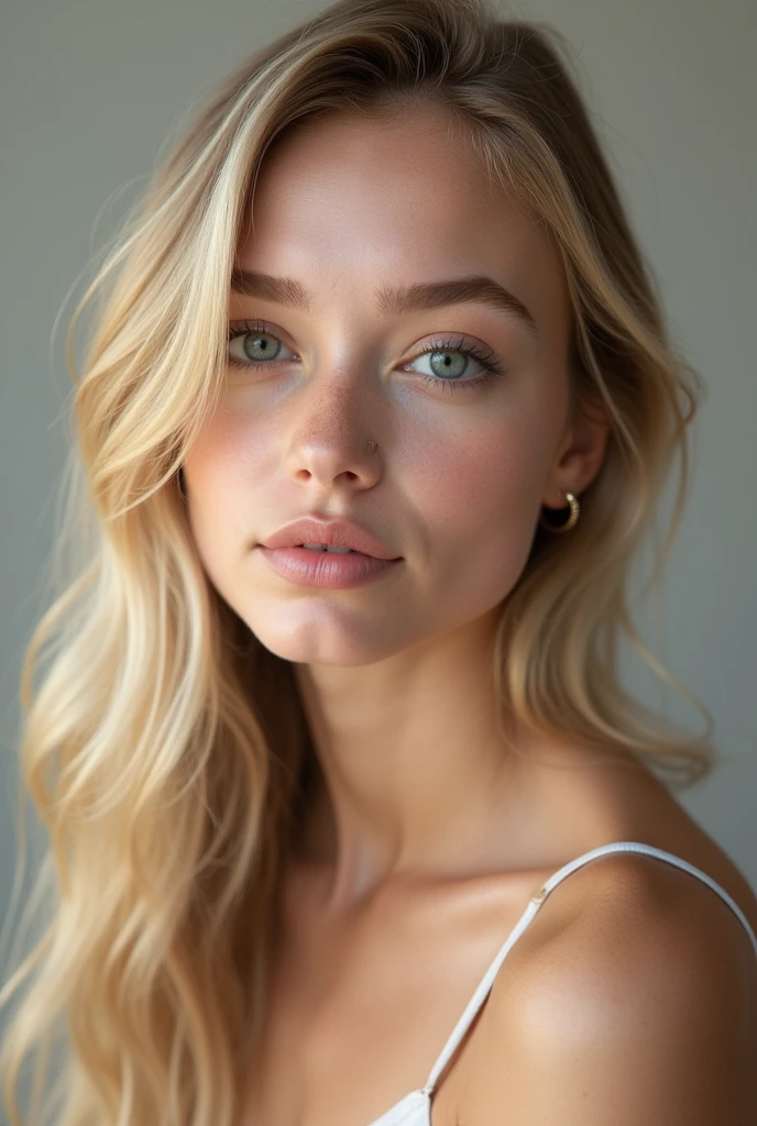 20 year old blonde woman, realistic, long straight flat hair