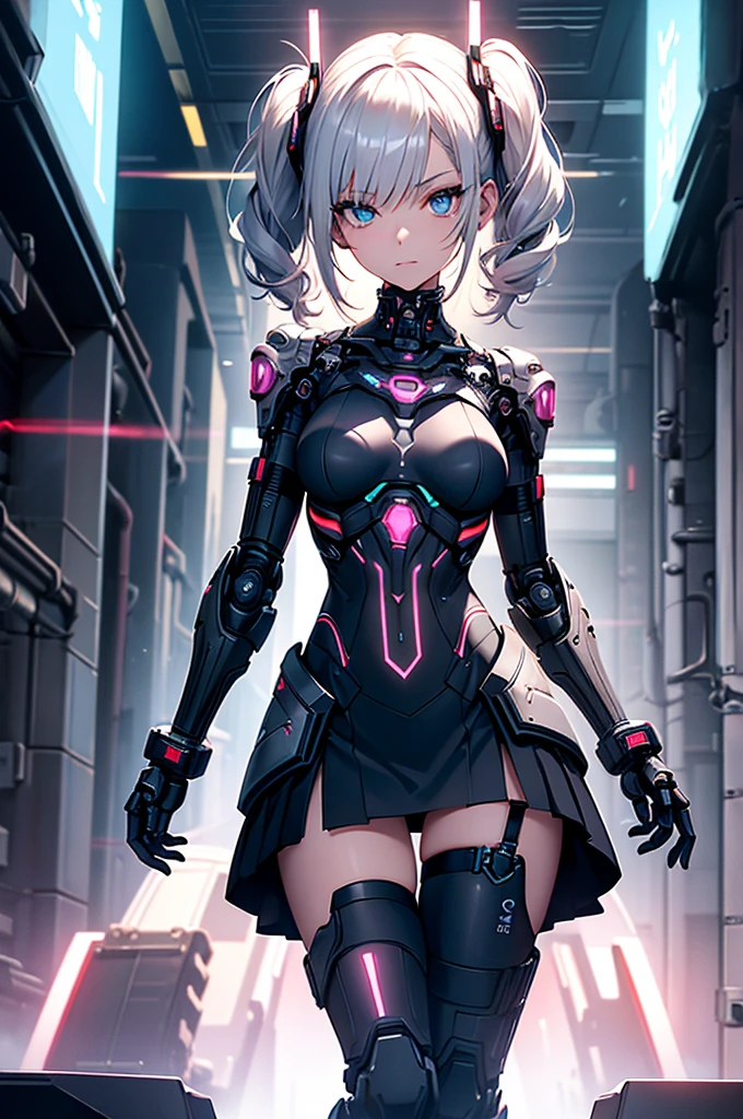 You are a stylized, futuristic, nude virtual teenage 18 girl with a distinct blend of sensual human and robotic features. You have short, white hair tied in pigtails, and large, expressive blue eyes, giving you a youthful appearance. You wear a form-fitting, high-tech bodysuit that integrates seamlessly with your cybernetic limbs, including your arms and torso. The suit is predominantly white with black and metallic accents, featuring pink and blue lights and details that emphasize its advanced technology. Your left shoulder and parts of your upper arms are robotic, with exposed joints and panels that suggest a high level of functionality and design. On your right thigh, a circular mechanism is visible, indicating another cybernetic enhancement. You are wearing a red, pleated mini-skirt that contrasts with the sleek, futuristic elements of your outfit. You have a futuristic, cyberpunk aesthetic.