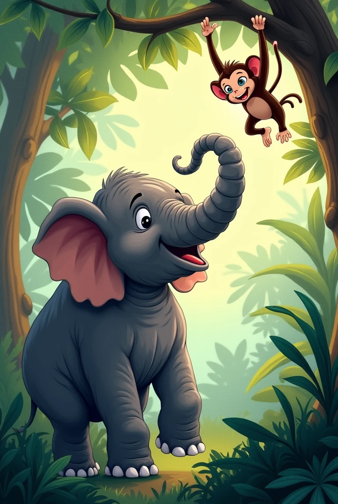 The Elephant and the Monkey: The elephant reaching out to the monkey, who is swinging from a tree and looking down with a dismissive expression.